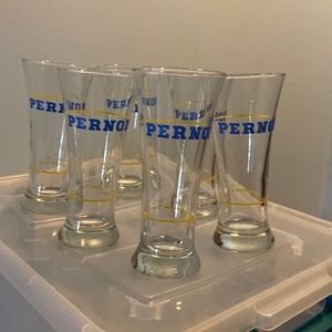 Set of six Pernon glasses 70’s blue font, yellow line, rare made in France.
